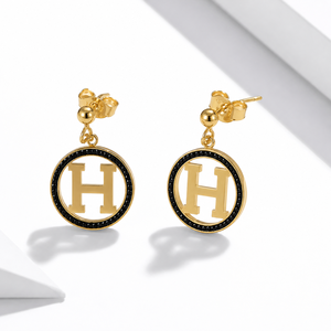 <b>Letter</b> H Crystal Drop Earrings Stainless Steel <b>Adhesive</b> Set Stones 14K Gold Vacuum Plated Black Round Drops - Product Image 1