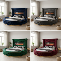 Lit rond Willsoon sur mesure, capitonné en velours, taille King, avec tête de lit en tissu à volants, cadre de lit en bois doux avec rangement