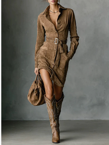 Vestido Camisero Largo Informal de Gamuza Retro Occidental al por Mayor, de <span class=keywords><strong>Manga</strong></span> <span class=keywords><strong>Larga</strong></span>, con Solapa, Cierre de Botón, Cintura Elástica, Liso Teñido, con Falda <span class=keywords><strong>Larga</strong></span> Delantera - Product Image 6