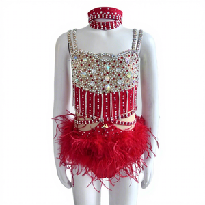 LIUHUO Set Costume da Ballo per Bambini Fucsia con Top Corto Decorato con Strass e <span class=keywords><strong>Gonna</strong></span> con <span class=keywords><strong>Piume</strong></span> - Product Image 2