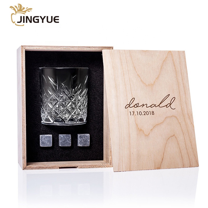 3 Granit Chilling Whisky Stones Geschenkset Benutzer definiertes Logo Altmodisches Kristall Whisky Glas Set für Cocktail Cognac Liquor Vodka