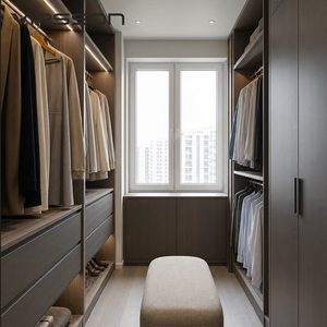Système de dressing moderne avec penderie en bois foncé, barres de suspension et banquette à chaussures, conception personnalisée - Product Image 1
