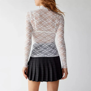 Blusa de Mujer de Manga Larga con Encaje Floral, Cuello Alto, Bordado Transparente, Ajustada, Sexy, Transparente, Estilo Vintage - Product Image 2