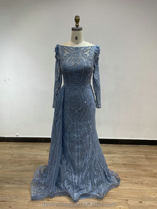 MB20008 Abito da <span class=keywords><strong>Sposa</strong></span> a Sirena <span class=keywords><strong>Blu</strong></span> con Maniche Lunghe e Ricche Applicazioni di Perline, Taglie Forti, Elegante Vestito da Sera per Donna - Product Image 5