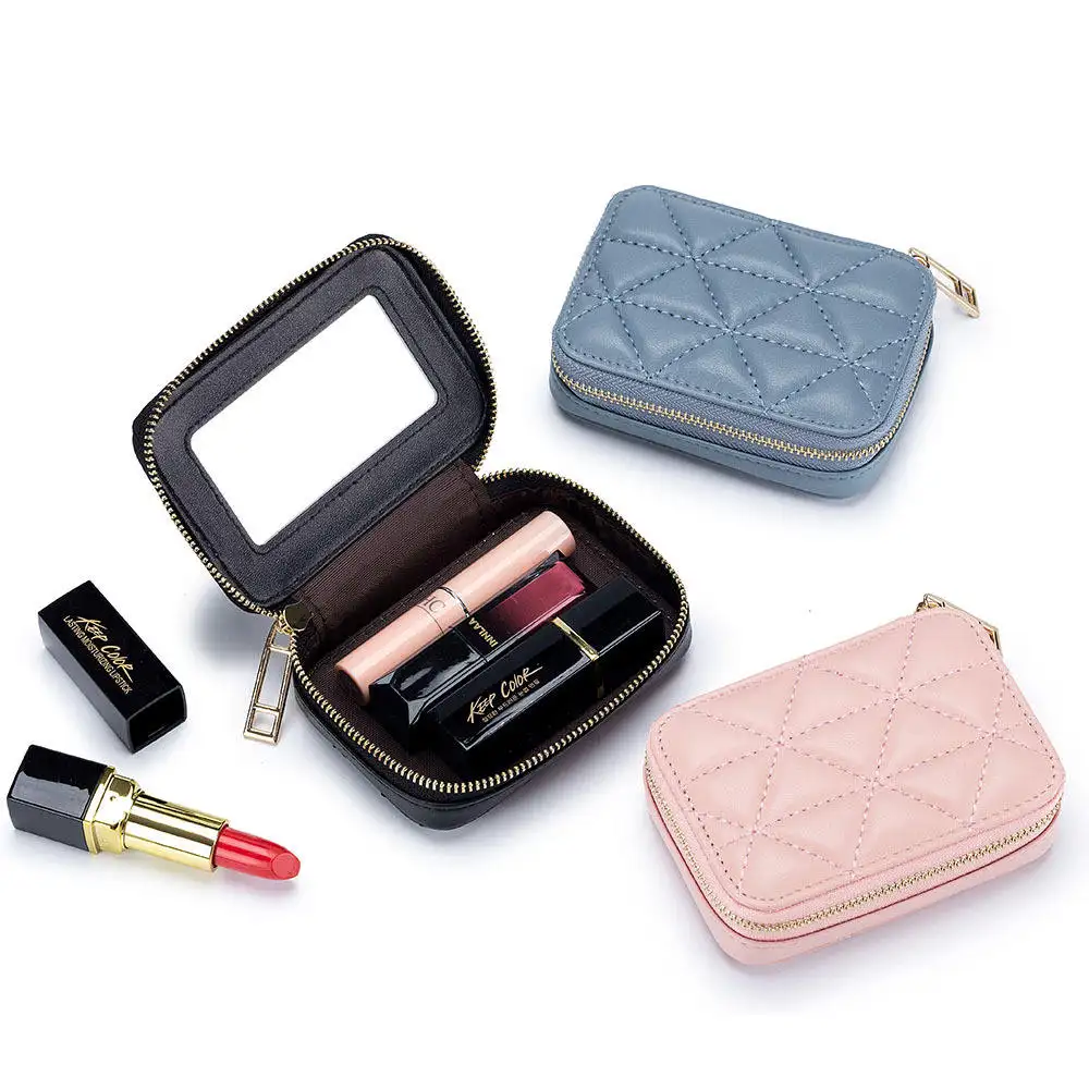 Modis wanita lucu portabel kecil PU kulit lipstik tas kosmetik kulit Toilet kotak penyortiran dengan cermin
