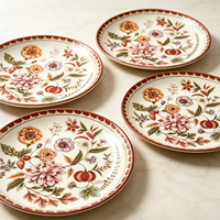 Ensemble de vaisselle en céramique à motif de fruits, 4 pièces, avec bordure rouge-brun, compatible micro-ondes et réutilisable, décoration de table pour la maison