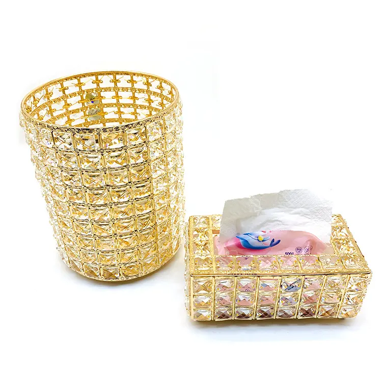 Best Price Durable Tissue Boxes Gold Metal Transparent Crystal Flat Napkin Holder For Table Decoration Gold Waste Container