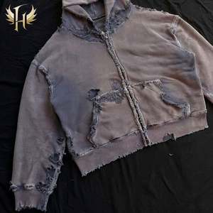 Personnalisé 500 GSM 100% Coton Éponge Française Poids Lourd Soleil Décoloration Acide Lavé Pierre Destoryed Lavage Zip up Hommes Unisexe Hoodies - Product Image 5