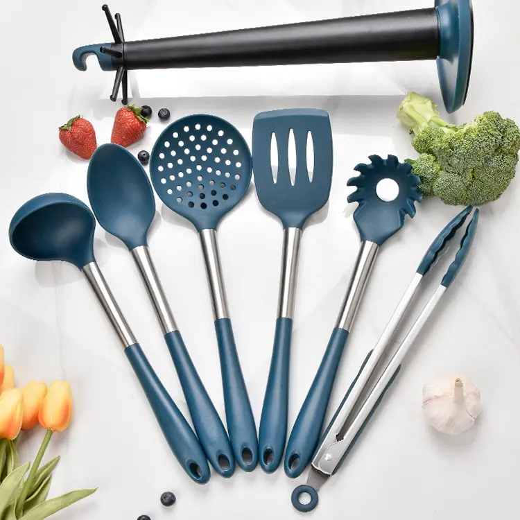 Outils de cuisine en Nylon, kit de 6 pièces, outils de cuisine personnalisés bon marché, échelle en Silicone et en acier, ustensiles avec support