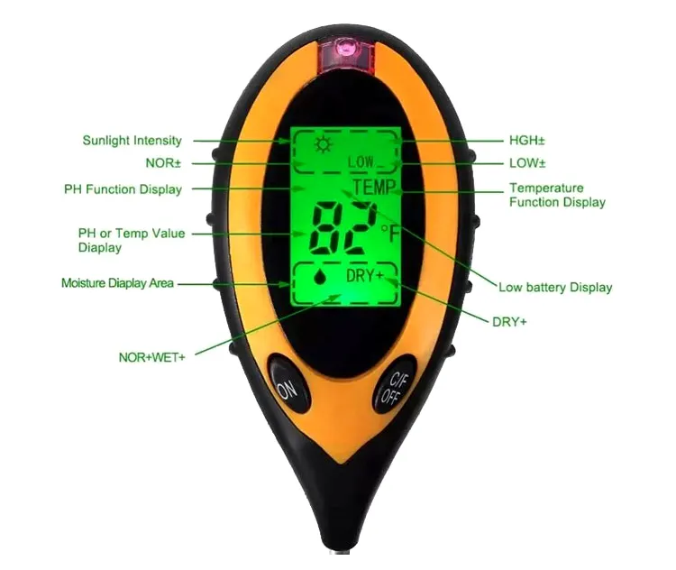 مقياس رقمي لقياس درجة الحرارة في التربة جهاز اختبار درجة الحرارة في التربة مقياس للرطوبة للنباتات مقياس التربة 4 في 1
