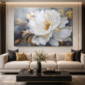 Peinture sur soie de luxe, fleur de pivoine, art mural, décoration intérieure, tissu en soie fait main, design or et blanc, Vietnam OEM ODM, modèle H0302-30 - Product Image 5