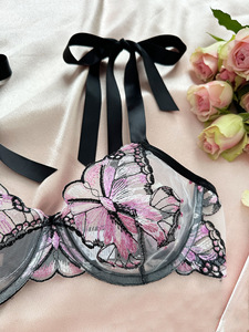 Sexy Butterfly Embroidery Lingerie Set Sheer Mesh Underwire <b>Bra</b> and Tie <b>Straps</b> Thong Set Women Lace Intimates 2 Piece Set - Product Image 5
