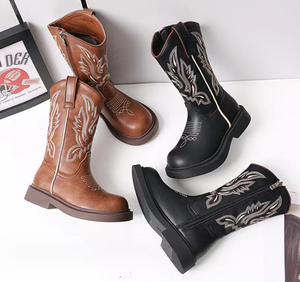 Bottes de cow-boy pour enfants, marron, brodées, rétro, en denim, pour filles, à semelle souple, mi-hautes, en microfibre respirante, antidérapantes - Product Image 2