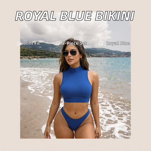 New 2026 Luxury Custom-Made Solid Royal <b>Blue</b> Plunge Neck 5-Piece <b>Bikini</b> <b>Set</b> Spandex/Nylon Tummy Control Waist Tailored - Product Image 2