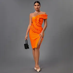 OUDINA Fashionable Solid Color Three-dimensional Ruffle Dresses One-shoulder Bodycon Bandage Dress