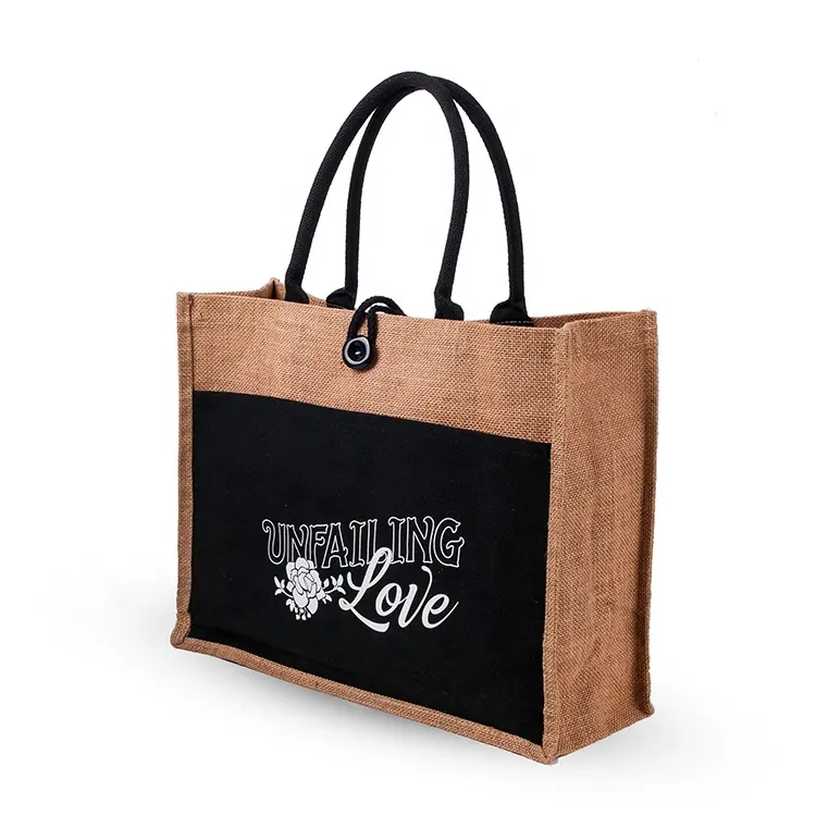 Özel fabrika sıcak satış kaliteli çuval bezi jüt alışveriş çantası özel Logo eko alışveriş çantası tuval iç cep