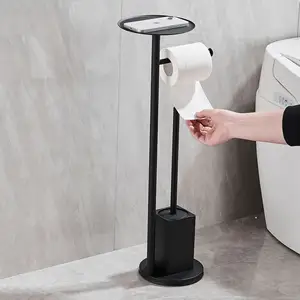 Sikat toilet baja tahan karat hitam, dengan setelan nampan ponsel tempat tisu lantai deodoran kamar mandi dengan sikat toilet