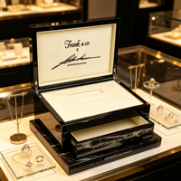 Boîte à bijoux en bois à grain marbré brillant avec tiroir, doublure en microfibre, logo personnalisé, charnière métallique pour le rangement et la présentation de bijoux