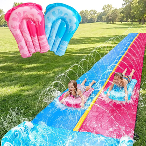 Toboggan aquatique double piste rose et bleu avec arroseur et 2 planches de surf pour enfants – Course en plein air dans le jardin - Product Image 1