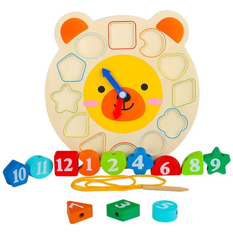Toddler Educational Clock Toy with Lacing Beads for Kids Shape Color Number Time Match Learning Teaching Puzzle Game