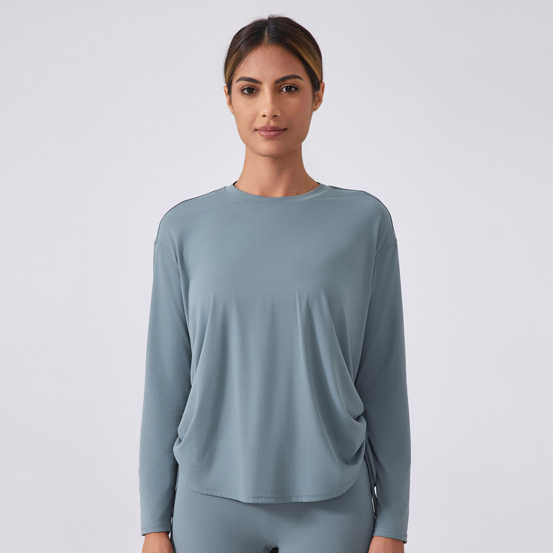 Hot Selling Women Nude Breathable Quick Dry Loose Sport Shirts Long Sleeve Side Draw Rope O Neck Fitness Yoga T-shirts