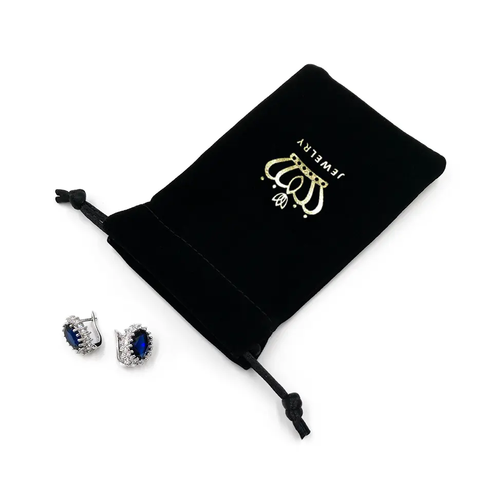 Bolsas de terciopelo negras con estampado de pantalla de logotipo personalizado, bolsas de joyería con cordón