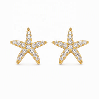 Boucles d'oreilles fines en forme d'étoile de mer, clous d'oreilles en laiton plaqué rhodium avec zircone cubique, thème océan, été, délicates, nautiques, personnalisées, pour femmes, vente en gros