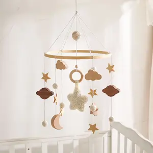Ins Kids Bedroom Sensory Musical Crochet Star Beech Wood Baby Crib Mobiles Baby Bassinet Nursery Mobile Hanging Decor