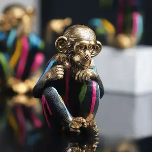รูปปั้นลิง3ตัว,รูปปั้นเรซินสัตว์ทันสมัยสำหรับตกแต่งบ้านลายเส้นสีสันสดใสรูปปั้นตกแต่งคริสต์มาสสามตัวปี2022