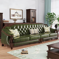 Minis Juego de Sofás Americanos Retro de Madera Maciza con Capa Superior de Cuero Vacuno Verde Oscuro, Relleno de Esponja, Forma Lineal para Sala de Estar
