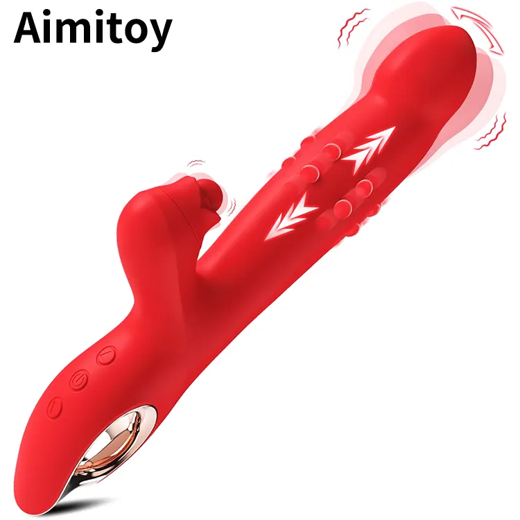 Aimitoy grosir Dildo merah mainan seks dewasa-G Spot Vibrator dengan 5 mode ayunan 2 motor 10 getaran mainan Vibrator kelinci