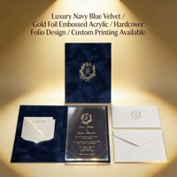 Set Undangan Pernikahan Folio Hardcover Beludru Biru Dongker Mewah dengan Embos Foil Emas dan Amplop Akrilik