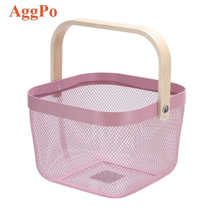 Wire Mesh Open Bin Shelf Storage Basket Organizer、Fruit Basket Shopping StorageとWood Handle