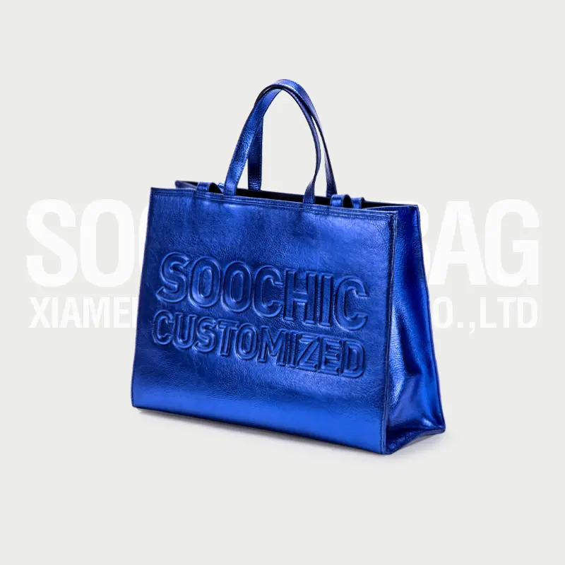 OEM Tambahkan Logo Kustom Embossing Mewah Shiny Metallic Kulit Persegi Tote Bag untuk Wanita