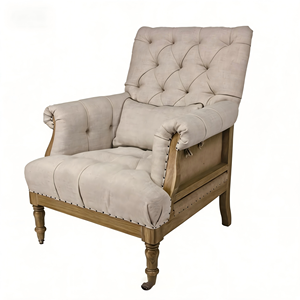 Sillón de Dormitorio con Brazos, Estilo Europeo, Hecho a Mano, Patas Curvas Sólidas, Asiento Acolchado con Botones - Product Image 1