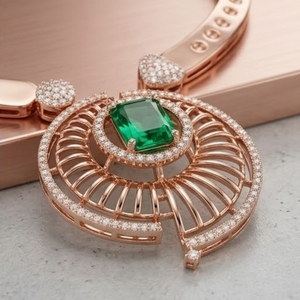 Parure de collier et boucles d'oreilles en argent 925 plaqué or rose italien avec pierre verte, bijoux de luxe pour mariée et soirée pour femme - Product Image 2