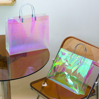 Sac cadeau écologique en PVC holographique scintillant avec poignée, recyclable, pour magasin de vêtements, personnalisable avec logo et cadre photo