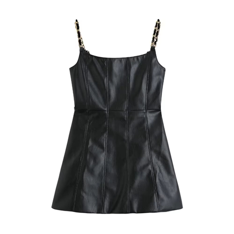 3504 Factory Price Wholesale U Neck Sleeveless Short Sexy Black Leather Dress for Ladies Women