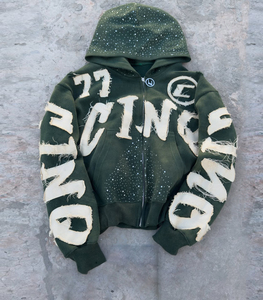 Sweat-shirts pour hommes effet vieilli avec broderie personnalisée, patchs en strass, fermeture éclair, délavage acide, style vintage, en molleton bouclette, streetwear, pour l'hiver - Product Image 1
