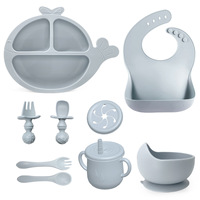 Ensemble d'alimentation pour bébé en silicone : assiette à ventouse compartimentée, bol, bavoirs, tasse à bec avec compartiment à collation, cuillères, fourchettes et ustensiles pour repas d'enfants