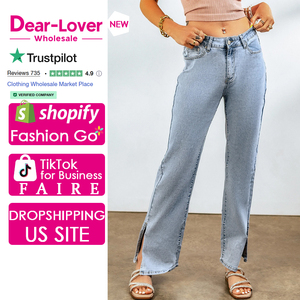 Dear-Lover Vente en gros Jeans évasés pour <span class=keywords><strong>femme</strong></span> bleu ciel taille haute à fente à la cheville - Product Image 1