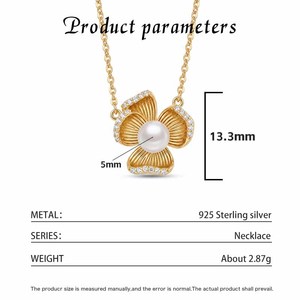 Copper Gold Plated Four Petal Ribbed <b>Fan</b> Flower CZ Edge Freshwater Pearl Pendant Necklace Vintage Luxury Jewelry for Women - Product Image 6