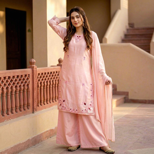 Conjunto de Choli Salwar Kameez Rosa Bordado, Traje Pakistaní Indio, Pantalones Palazzo, Chal para Bodas, Diwali y Fiestas - Product Image 1