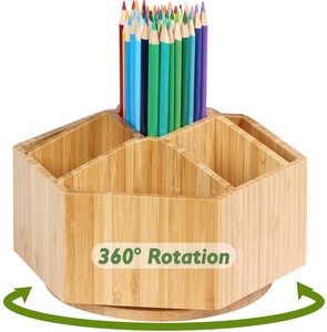 Hot sale 360 Rotation Bamboo Pencil Pen Holder Office Desk Storage Organizer Octagon Makeup Organizer with 7 Compartments