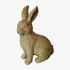 Decorazione primaverile poliresia effetto diamante statua di coniglio decorazione di pasqua in resina dorata coniglietto con fiocco di rafia