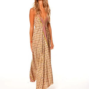 OEM personalizado al por mayor 2024 mujeres verano sólido estampado hasta el suelo vestido hecho a mano diseño manga corta Casual playa fiesta Natural - Product Image 1