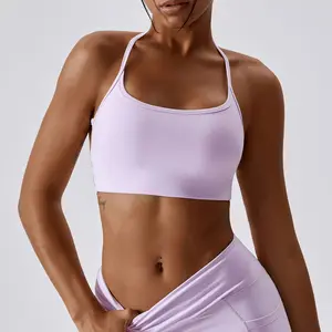 Solid Color Thin Shoulder Strap Cross Back Underwear Yoga Bra Gym