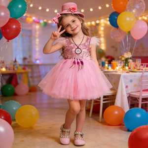 Vestido de Tutú Brillante <span class=keywords><strong>con</strong></span> Lentejuelas para Niñas, Diseño Moderno 2026, Vestido de Princesa Rosa para Fiesta <span class=keywords><strong>con</strong></span> Adorno de Plumas - Product Image 1