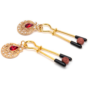 Pinces à tétons en perles pour adultes, en métal doré et argenté avec pierre précieuse rouge, pour stimulation et chatouilles des couples, jouet sexuel - Product Image 1