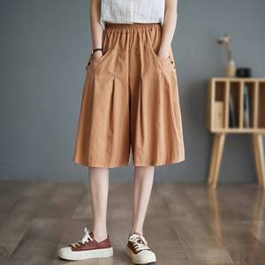 Cotton Linen Wide Leg Cropped Pants Women Summer Loose Fit Mid Length Casual Solid Color Khaki Plus Size Straight Leg Pants - Product Image 1